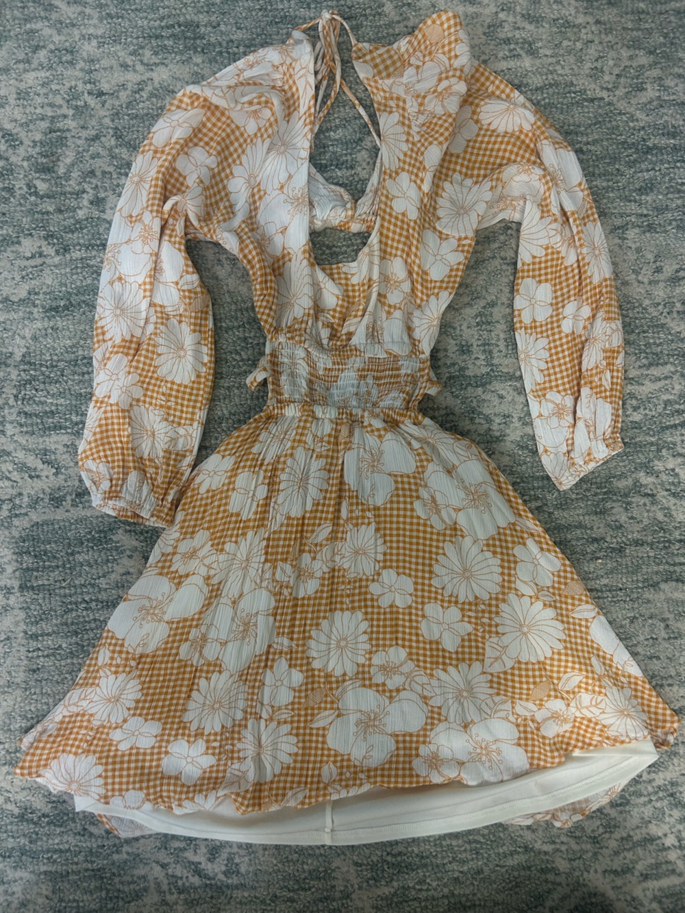 Gingham Floral Tie-Back Mini Dress in Yellow